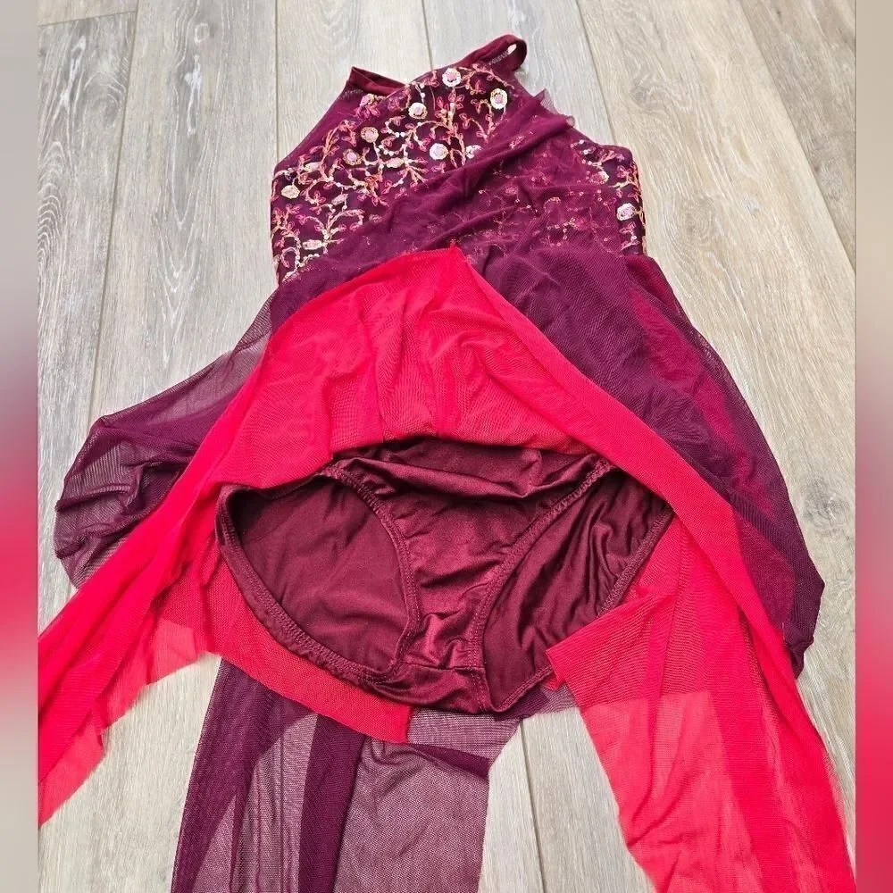 Costume Gallery Burgundy leo with attached skirt with burgundy hair piece xl